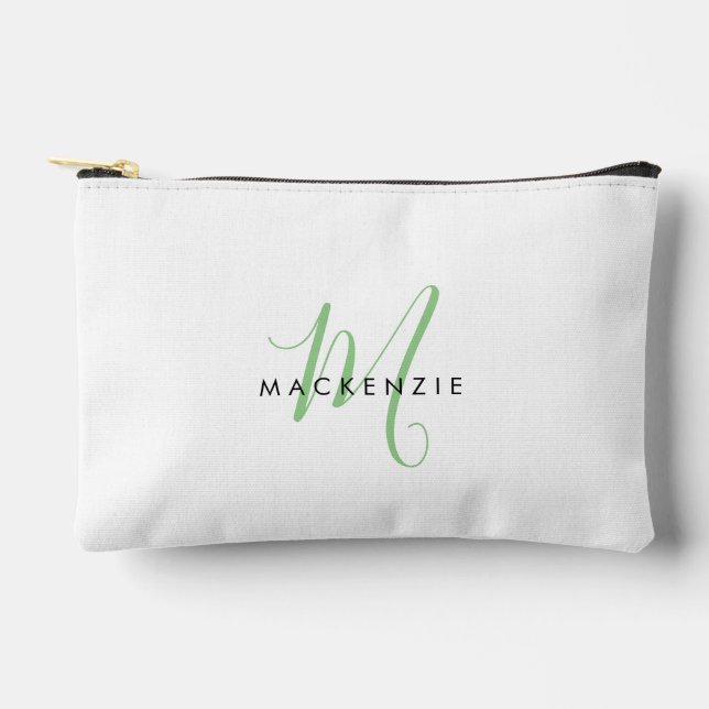 Elegant Modern White Green Script Monogram Accessory Pouch (Front)