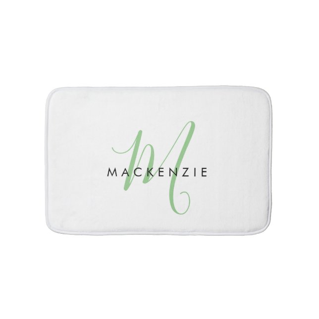 Elegant Modern White Green Script Monogram Bath Mat (Front)