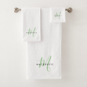 Elegant Modern White Green Script Monogram Bath Towel Set