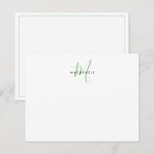 Elegant Modern White Green Script Monogram Card (Front/Back)