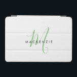 Elegant Modern White Green Script Monogram iPad Mini Cover<br><div class="desc">Elegant Modern White Green Script Monogram iPad Mini Cover.  An elegant green script monogram combined with a clean black san-serif font makes for a contemporary look.</div>