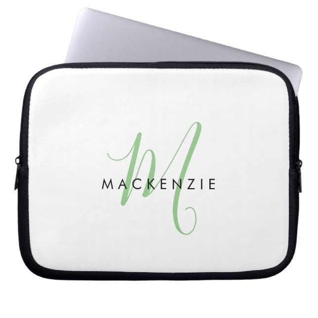 Elegant Modern White Green Script Monogram Laptop Sleeve (Front)