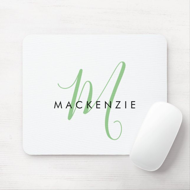 Elegant Modern White Green Script Monogram Mouse Pad (With Mouse)