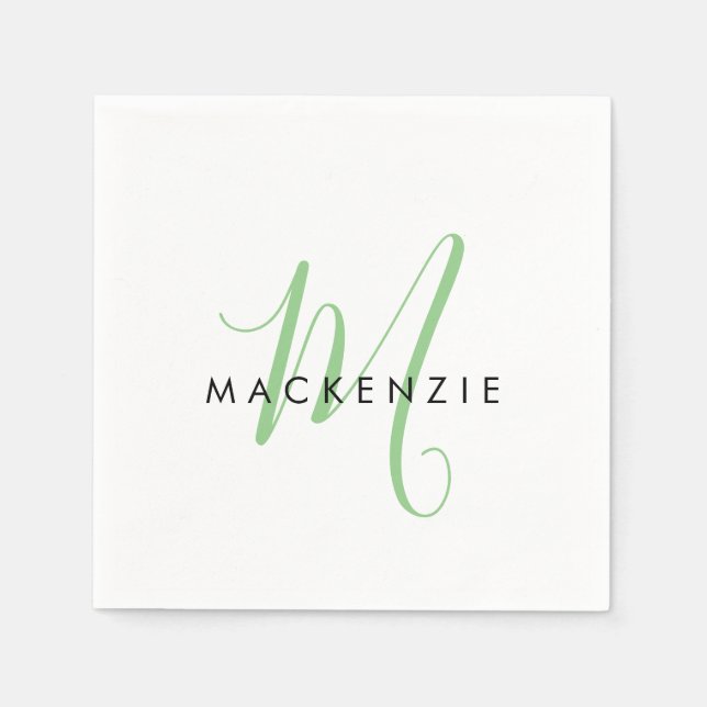 Elegant Modern White Green Script Monogram Napkin (Front)