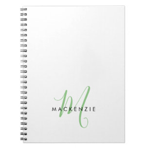 Elegant Modern White Green Script Monogram Notebook