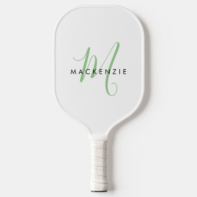 Elegant Modern White Green Script Monogram Pickleball Paddle (Front)
