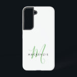 Elegant Modern White Green Script Monogram Samsung Galaxy Case<br><div class="desc">Elegant Modern White Green Script Monogram Phone Case.  An elegant green script monogram combined with a clean black san-serif font makes for a contemporary look.</div>