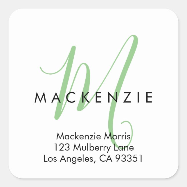 Elegant Modern White Green Script Monogram Square Sticker (Front)