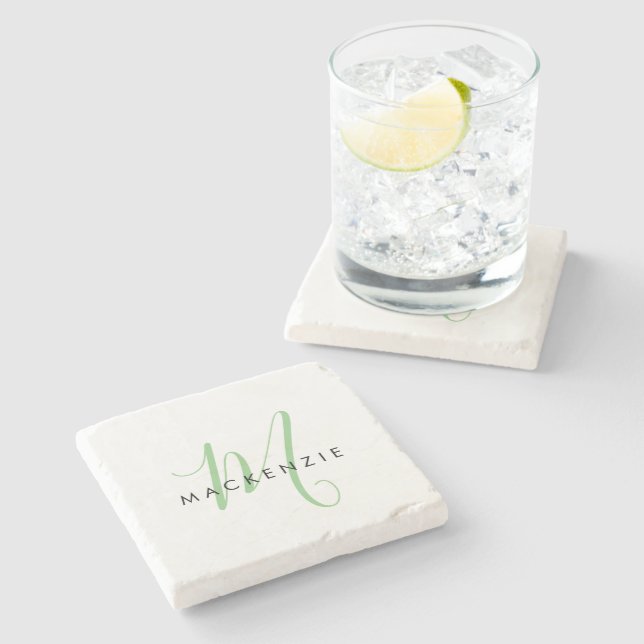 Elegant Modern White Green Script Monogram Stone Coaster (Side)