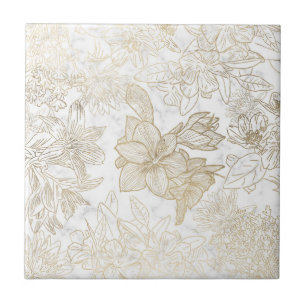 Elegant modern white grey gold marble floral ceramic tile