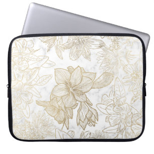 Elegant modern white grey gold marble floral laptop sleeve