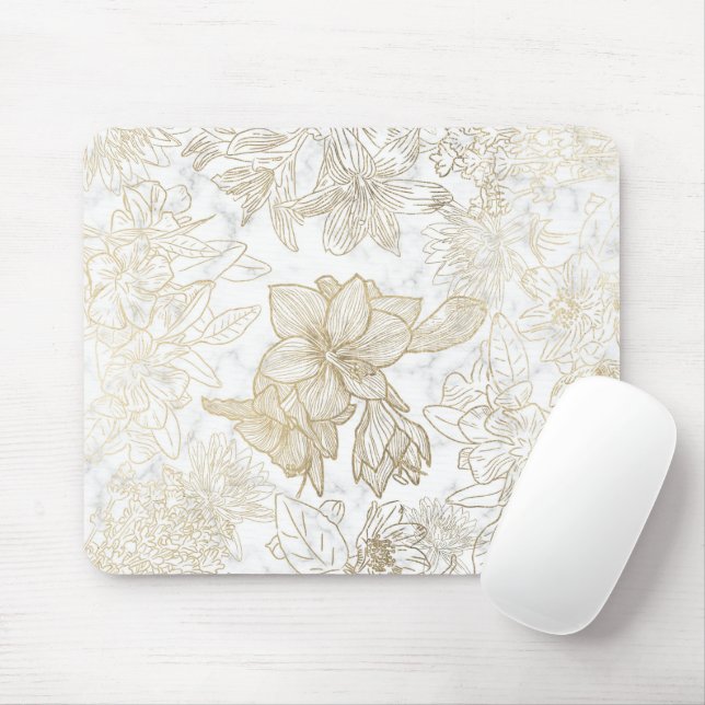 Elegant modern white grey gold marble floral mouse pad (With Mouse)