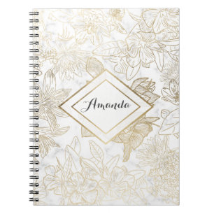 Elegant modern white grey gold marble floral notebook