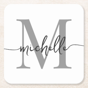 Elegant Modern White Grey Monogram Name Script Square Paper Coaster