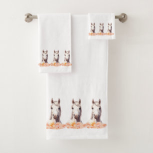 Elegant, Modern White Horses with Flowers on White Bath Towel Set