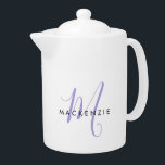 Elegant Modern White Lavender Script Monogram<br><div class="desc">Elegant Modern White Lavender Script Monogram teapot.  An elegant lavender script monogram combined with a clean black san-serif font makes for a contemporary look.</div>