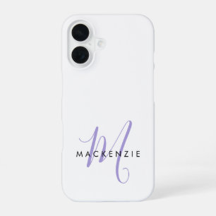 Elegant Modern White Lavender Script Monogram iPhone 16 Case