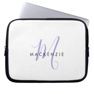 Elegant Modern White Lavender Script Monogram Laptop Sleeve