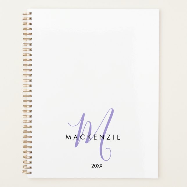 Elegant Modern White Lavender Script Monogram Planner (Front)