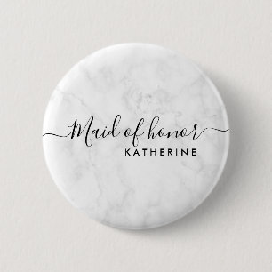 Elegant & modern white marble maid of honour 6 cm round badge