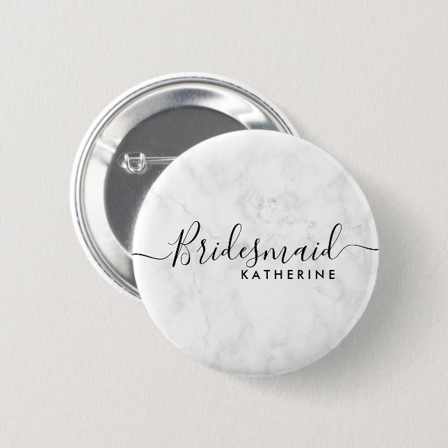 Elegant & modern white marble maid of honour 6 cm round badge (Front & Back)