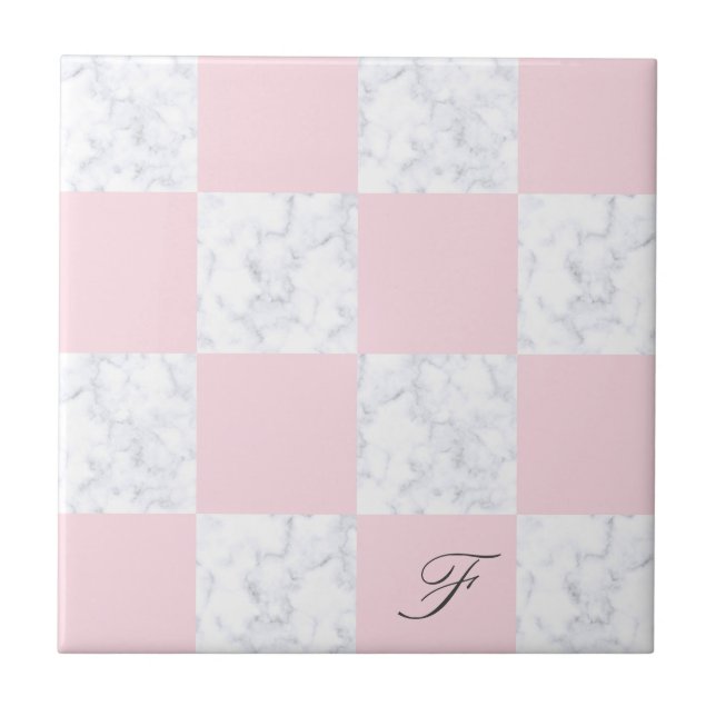 Elegant modern white marble pink chequered ceramic tile (Front)