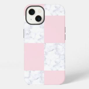 Elegant modern white marble pink chequered iPhone 13 case
