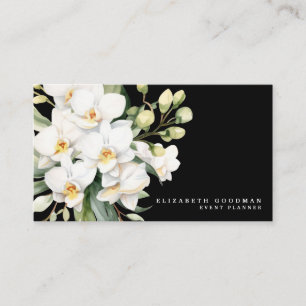 Elegant Modern White Orchids Black Business Cards