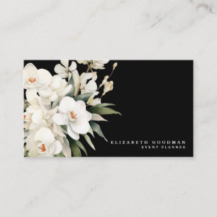 Elegant Modern White Orchids Black Business Cards