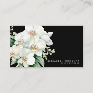 Elegant Modern White Orchids Black Business Cards