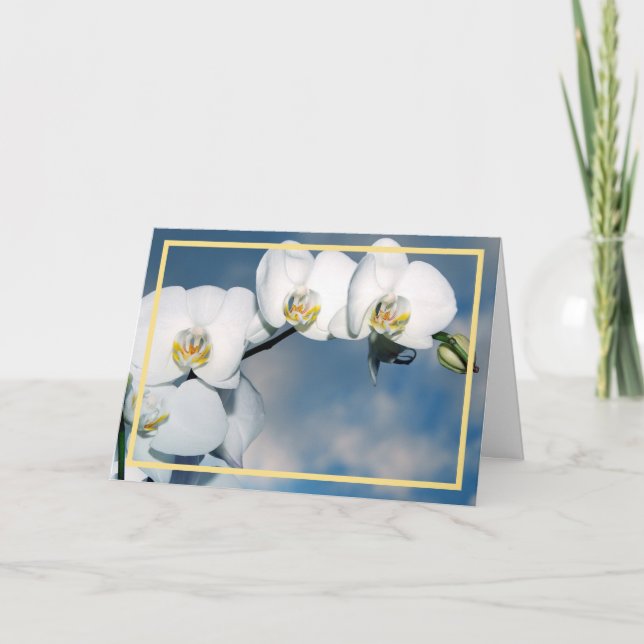 Elegant Modern White Orchids Flowers Golden Frame Card (Front)