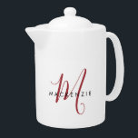 Elegant Modern White Red Script Monogram<br><div class="desc">Elegant Modern White Red Script Monogram teapot.  An elegant red script monogram combined with a clean black san-serif font makes for a contemporary look.</div>