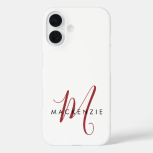 Elegant Modern White Red Script Monogram iPhone 16 Case