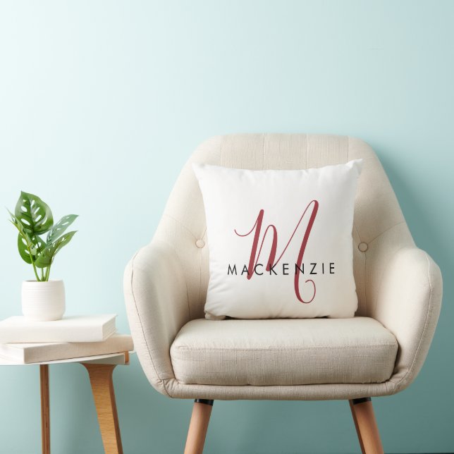 Elegant Modern White Red Script Monogram Cushion (Chair)
