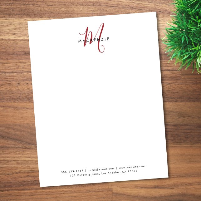 Elegant Modern White Red Script Monogram Custom Letterhead (Creator Uploaded)