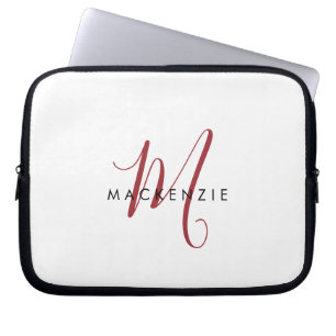 Elegant Modern White Red Script Monogram Laptop Sleeve