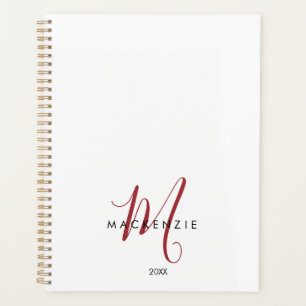 Elegant Modern White Red Script Monogram Planner