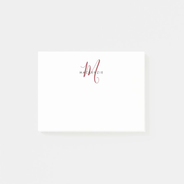 Elegant Modern White Red Script Monogram Post-it Notes (Front)