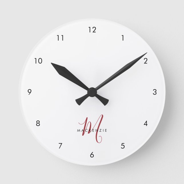 Elegant Modern White Red Script Monogram Round Clock (Front)