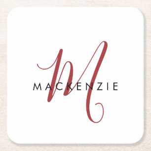 Elegant Modern White Red Script Monogram Square Paper Coaster