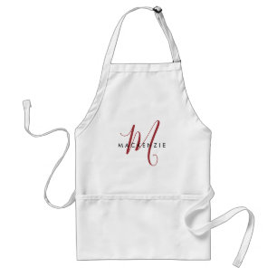 Elegant Modern White Red Script Monogram Standard Apron
