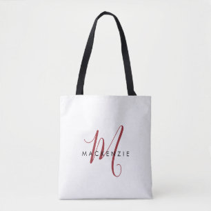 Elegant Modern White Red Script Monogram Tote Bag