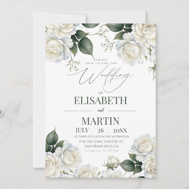 Elegant Modern White Rose Florals Wedding Invitation (Front)