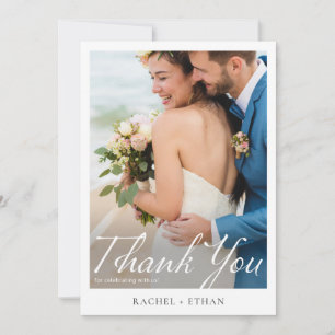 Elegant Modern White Script Photo Wedding Thank You Card