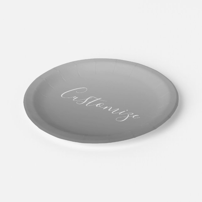 Elegant Modern White Script Writing Grey Gradient  Paper Plate (Angled)