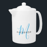 Elegant Modern White Sky Blue Script Monogram<br><div class="desc">Elegant Modern White Sky Blue Script Monogram teapot.  An elegant sky blue script monogram combined with a clean black san-serif font makes for a contemporary look.</div>