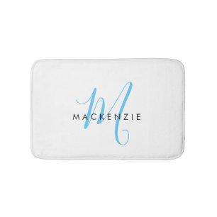 Elegant Modern White Sky Blue Script Monogram Bath Mat