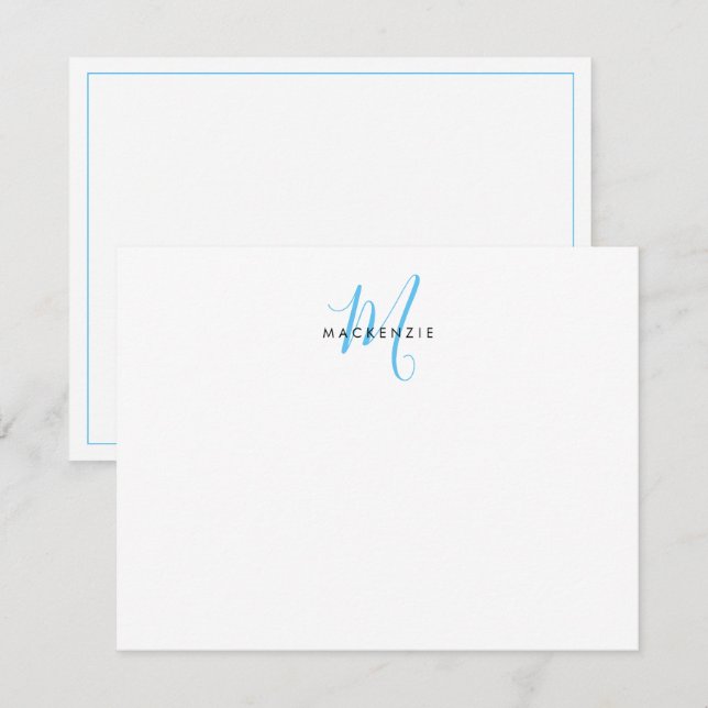 Elegant Modern White Sky Blue Script Monogram Card (Front/Back)