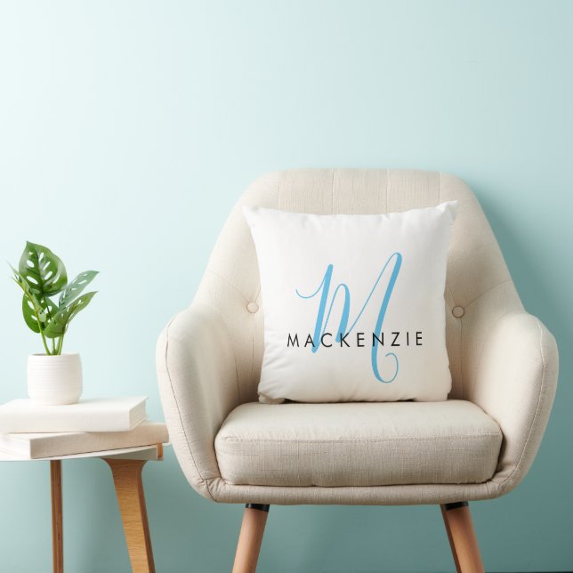 Elegant Modern White Sky Blue Script Monogram Cushion (Chair)