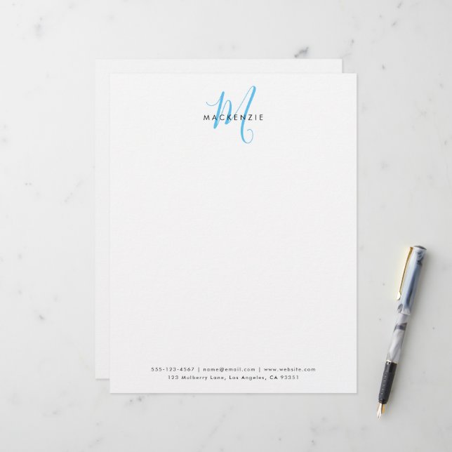 Elegant Modern White Sky Blue Script Monogram Custom Letterhead (Front/Back In Situ)